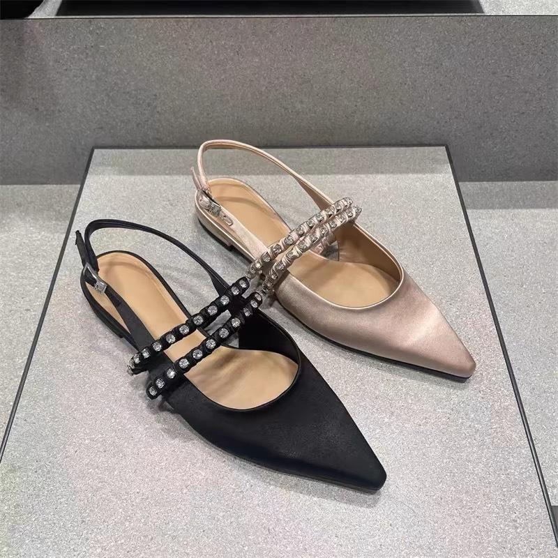 Fashion black pink silk slingback sandals women designer pointed toe crystal band summer shoes woman back strap sandalias mujer size 43