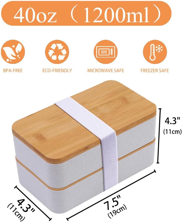 White Double Layer Wood Grain Bento Box Microwave Safe Large Capacity Lunch Container with Thermal Bag