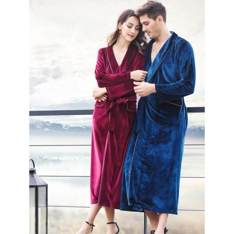 Seven-Yarn Velvet Men's and Women's Couple Lengthened Nightgown Spring & Fall Pajamas Bathrobe Homewear Bride and Groom Morning Gowns