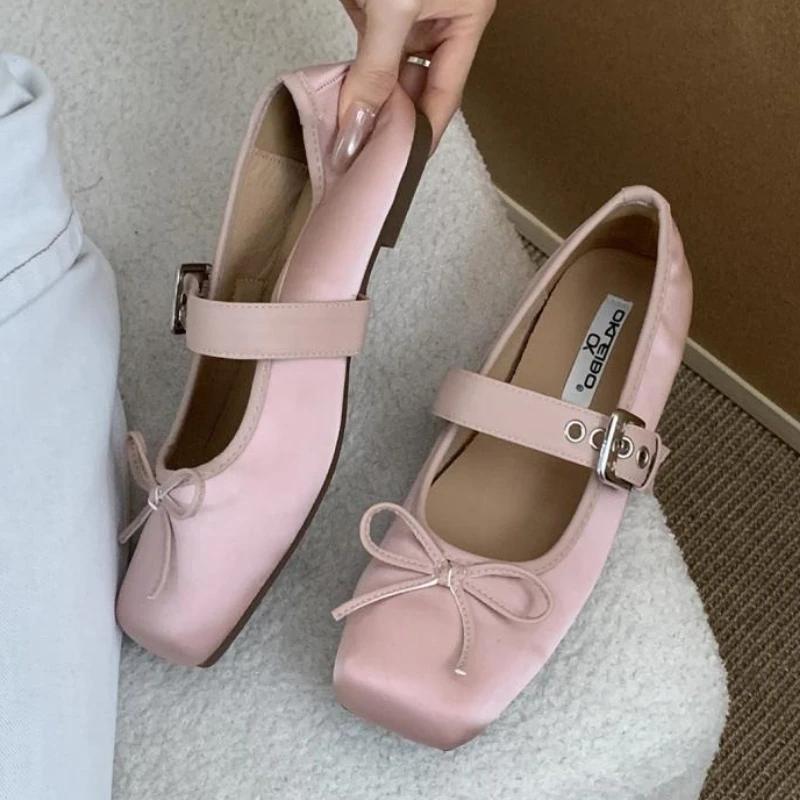 Fashion Sweet Butterfly-knot Mary Jane Shoe Women Retro Square Toe Shallow Ballet Flats Comfort Soft Sole Designer Shoe