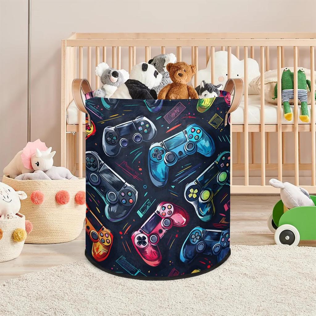 Bardic Large Laundry Basket Gaming Theme Laundry Hamper with Leather Handle, Game Controller Collapsible Organizer Basket Freestanding Tall Clothes