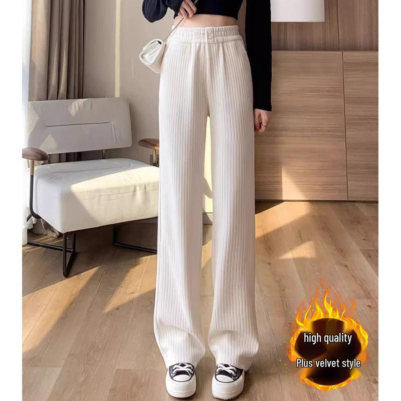 Petite Beige Fleece Chenille Wide-Leg Pants - Women’s High-Waisted Slim-Fit, Autumn/Winter Casual Straight-Leg XS-150