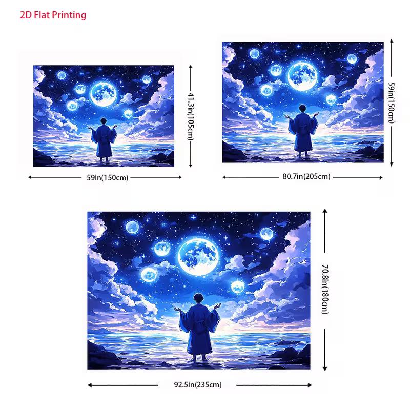 2D Magical Moon Backdrop, Anime Style Night Sky with Glowing Moons, Stars & Ocean Photography Background