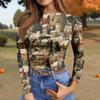 Camiseta de Fondo Delgado para Mujer Moda Casual Estampado Degradado Cuello Redondo Jersey Manga Larga Top