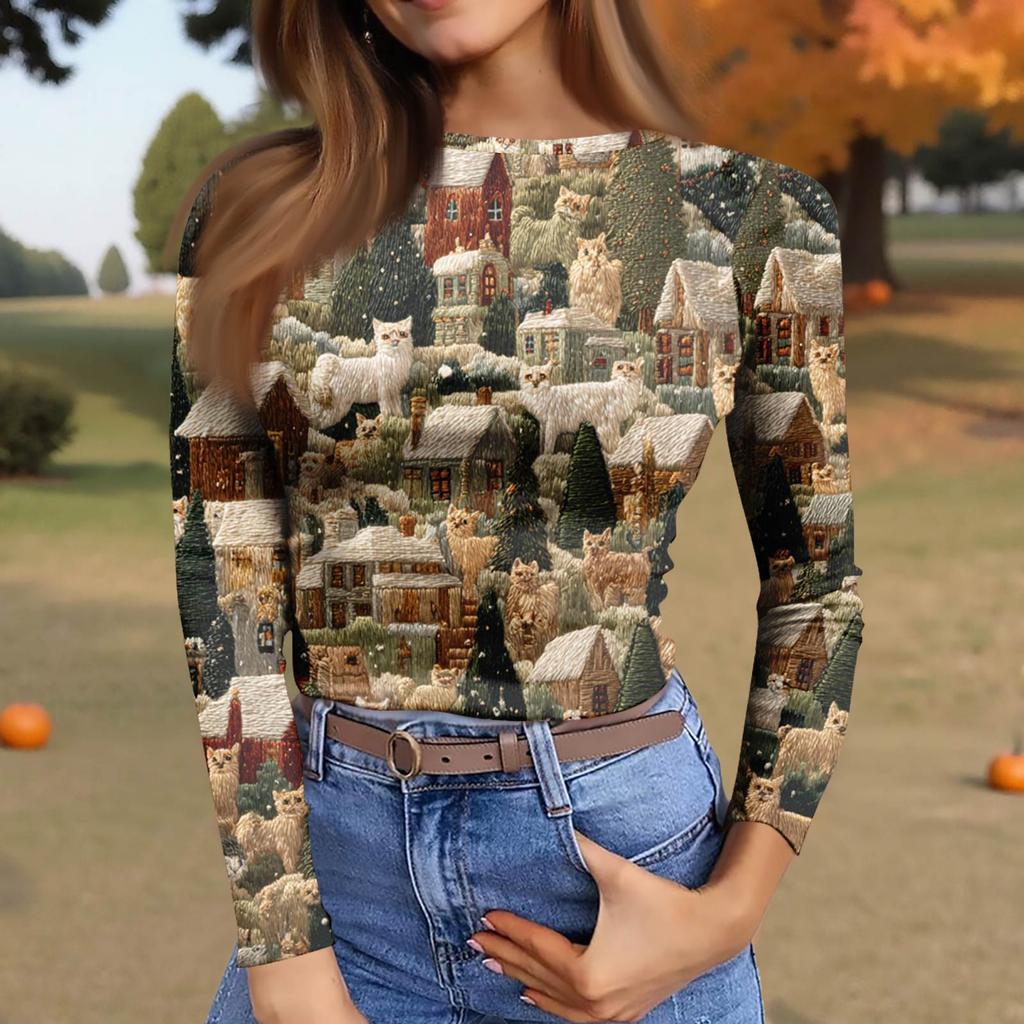 Camiseta de Fondo Delgado para Mujer Moda Casual Estampado Degradado Cuello Redondo Jersey Manga Larga Top