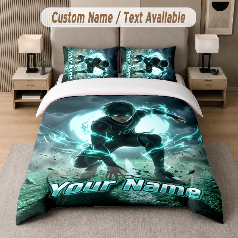 Blue Lock 3Pcs Bedding Set, Personalized Custom Name Text, 1 Duvet Cover & 2 Pillowcases For Bedroom