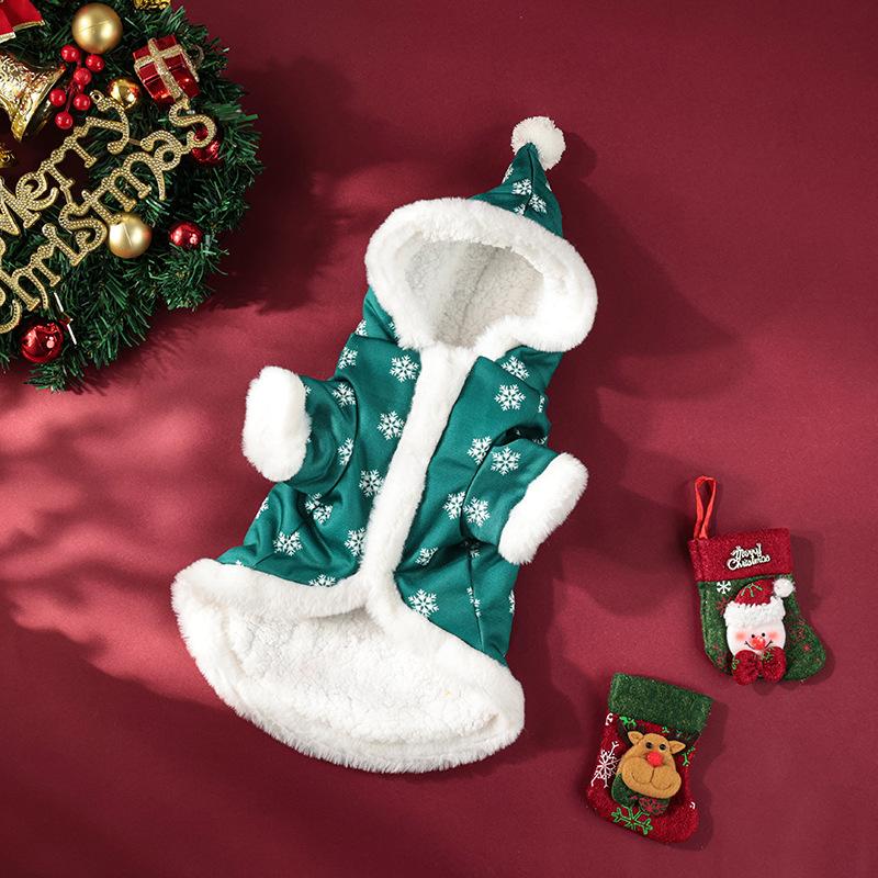 

Pet Dog Clothes Thick Classic Snowflakes Puppy Teddy Thick Cotton Coat with Added Velvet Jumpsuit Hooded Christmas Winter Plush S зелёный