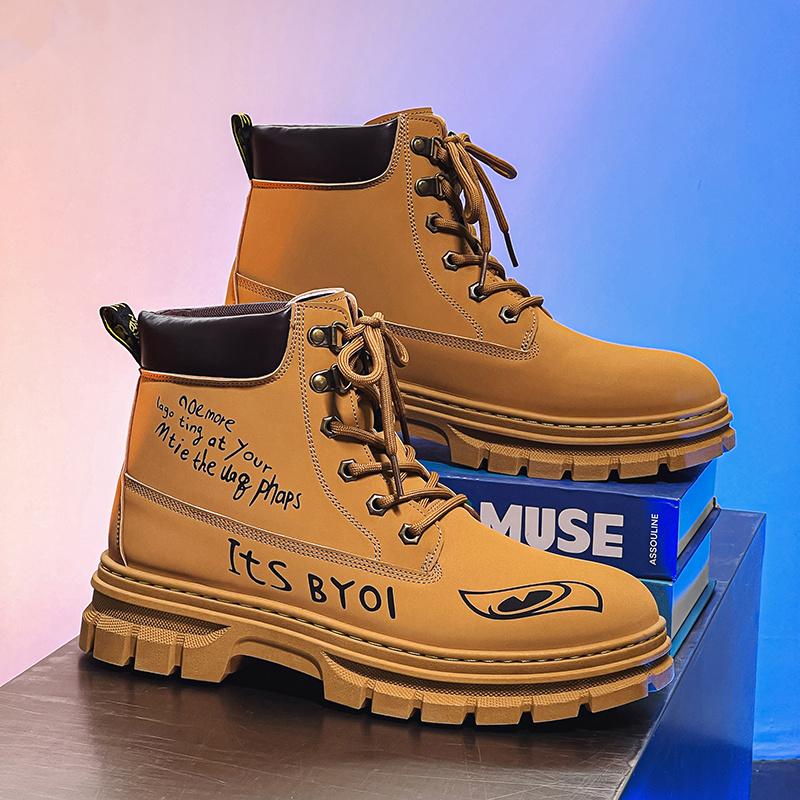 Black Graffiti Men's Motorcycle Boot High Top Platform Man Boots Trendy Streetwear Leather Ankle Boots for Men Botas De Cuero