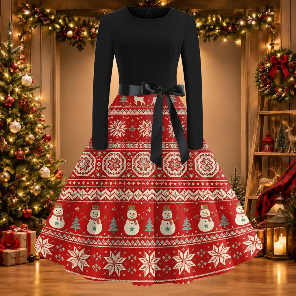 Women's Casual Christmas Print Long Sleeve Round Neck Slim Fit Flared Party Dress