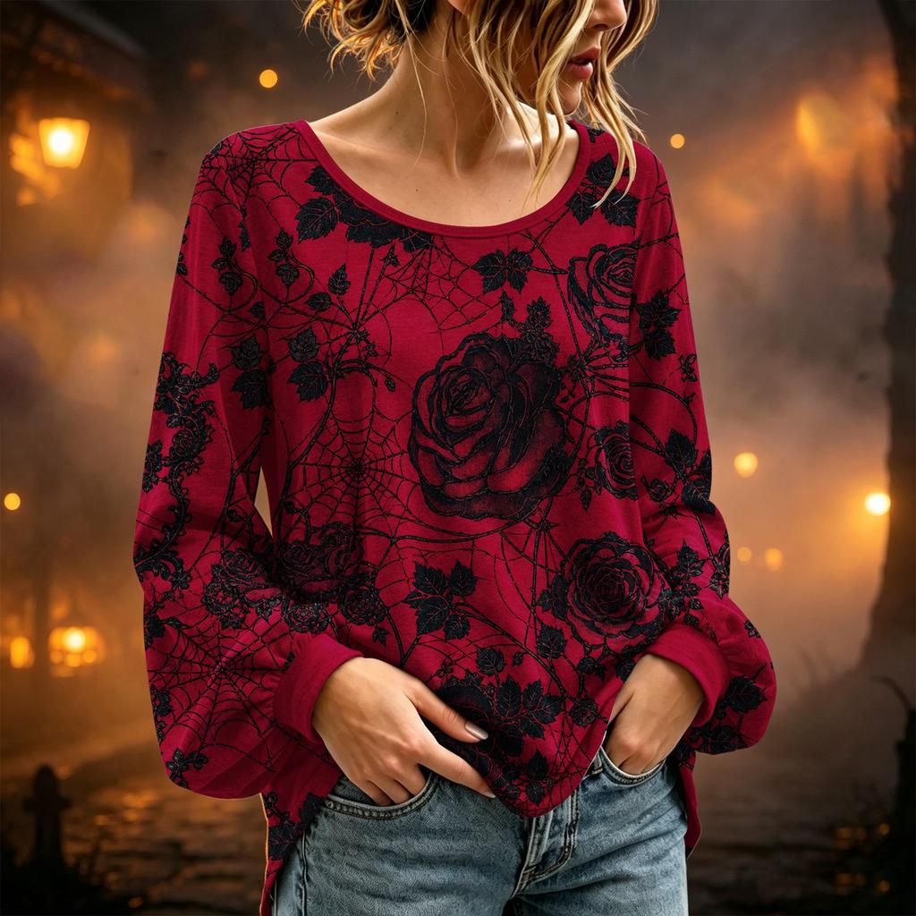 Women's Long Sleeve Neck Halloween Print T-Shirt for Casual Party Wear