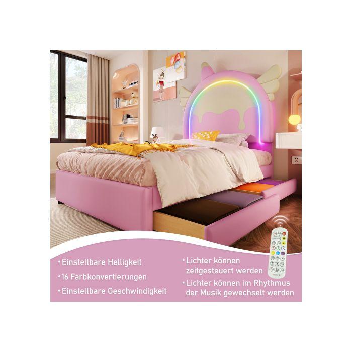 Unicorn Child Bed - 90 X 200 Cm - with Light Bar - 2 Drawers - Pink PU