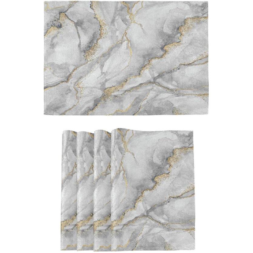 Placemats Set of 6, Abstract Texture White Marble Gold Veins Dining Table Mats Non Slip Vinyl Placemat Kitchen Heat Resistant Washable