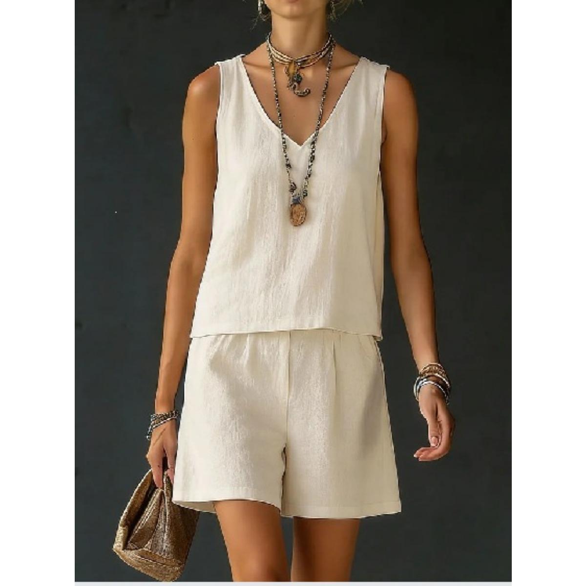 

Summer Women Solid 2 Piece Set Casual Sleeveless Linen Cotton Top Vest Shorts Suit Outfit 3XL абрикосовий