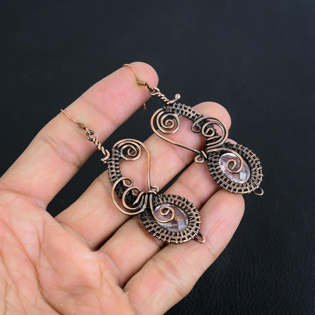 White Topaz 999 Copper Wire Wrapped Earrings, Handmade Gemstone Jewelry Earrings For Memorial Day