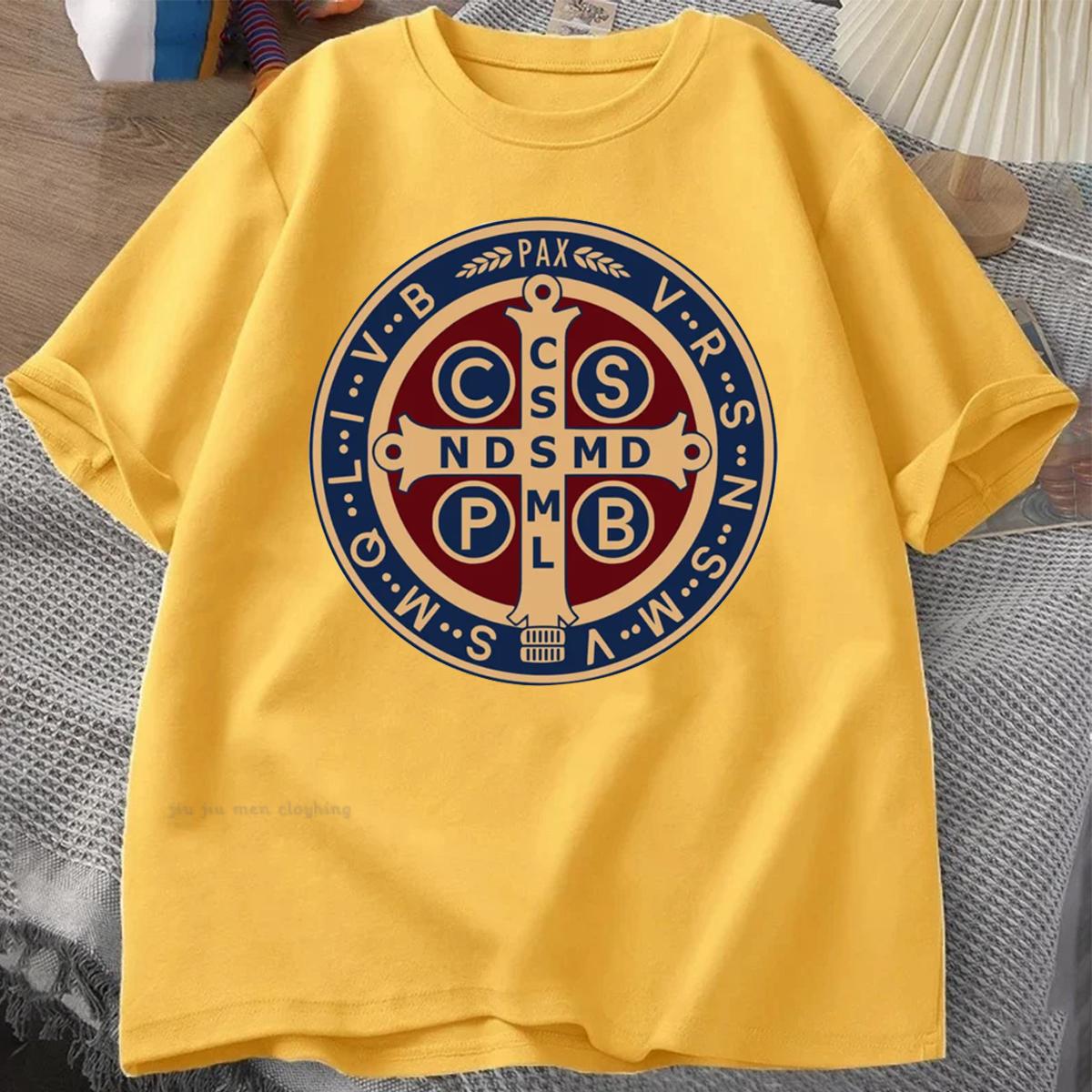 

Футболка-пуловер с изображением католической медали Святого Бенедикта, мужская и женская повседневная хлопковая футболка с принтом, винтажная футболка Harajuku Oversize 4XL