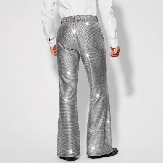 Men's Shiny Sequin Trousers Retro Elastic Waist Party Dance Pants Wide Leg Night Club Disco Pants for Stage Performance Hip-Hop Bar