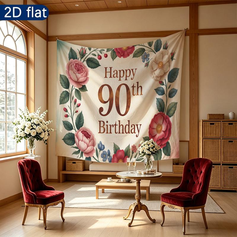 Vintage Floral 90th Birthday Party Banner, Polyester Backdrop for Home Room Wall Decor