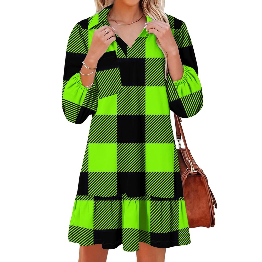 Women's fashionable and elegant long-sleeved V-neck pocket plaid print dress