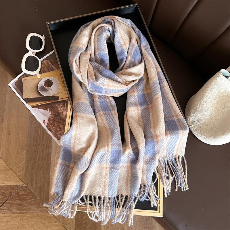 Unisex Korean Plaid Thick Winter Scarf with Tassels - Imitation Cashmere Shawl