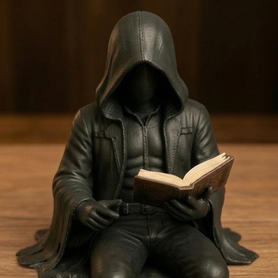 Statua di Uomo con Veste che Legge Mistero Gotico Statuetta Lettura Fantasy Veste Nera Scultura Seduta per Decorazione Libreria Scrivania di Halloween