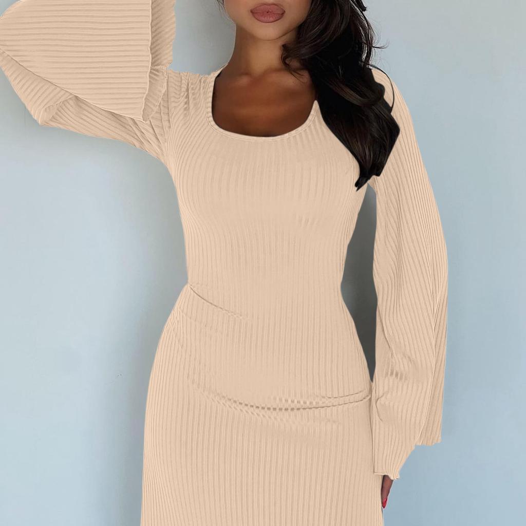 Women's Elegant Tie-Waist Knitted Dress Horn Sleeve Maxi Dress For Women U Neck Solid Color Long Dress Ribbed Bodycon Fall Dress