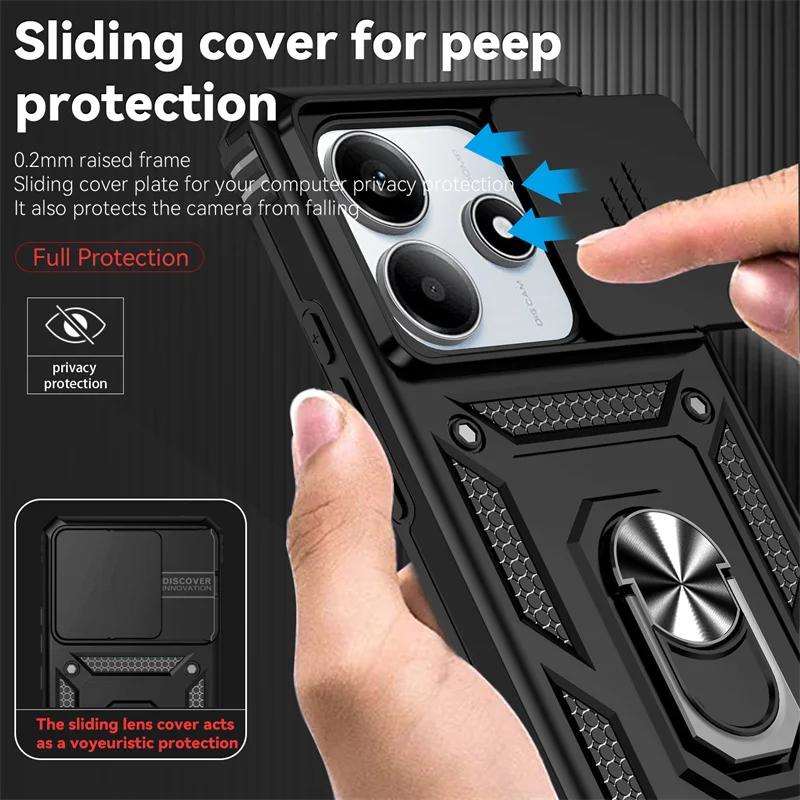 Capa For Xiaomi Redmi Note 14 5G Case Armor Slide Camera Lens Protector Back Cover for Redmy Note14 Shockproof Ring Stand Funda