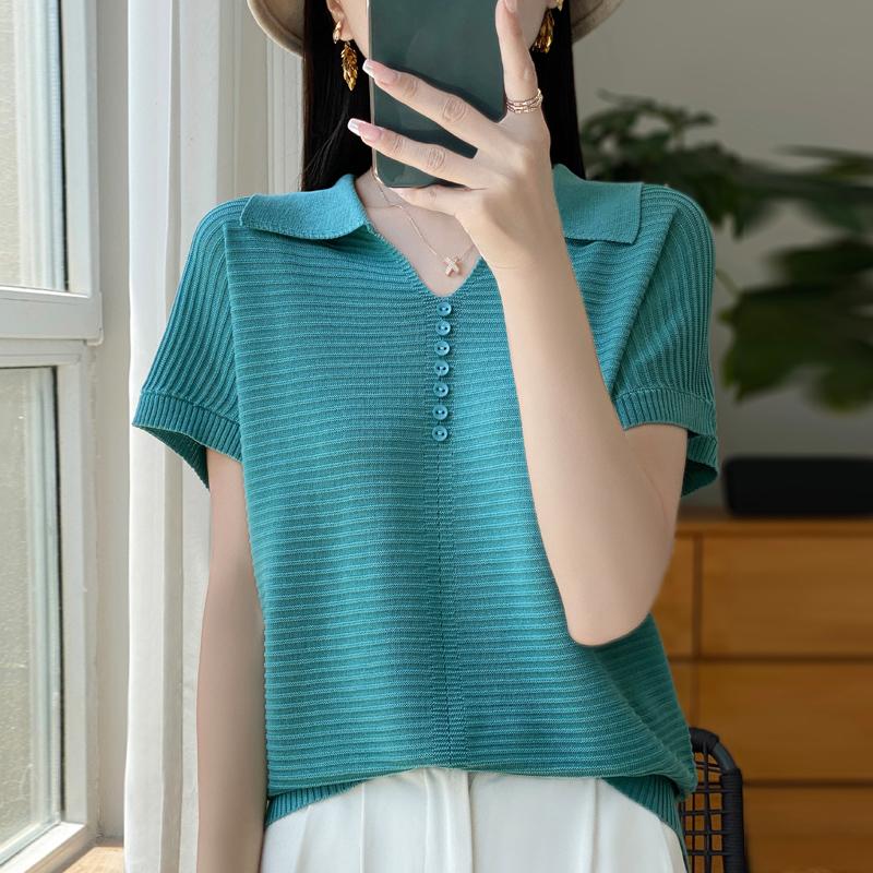 Women Knit T-shirt Summer Knitted Shirt Short Sleeve Tees Turn-down Collar Pullover Knit Tops Female