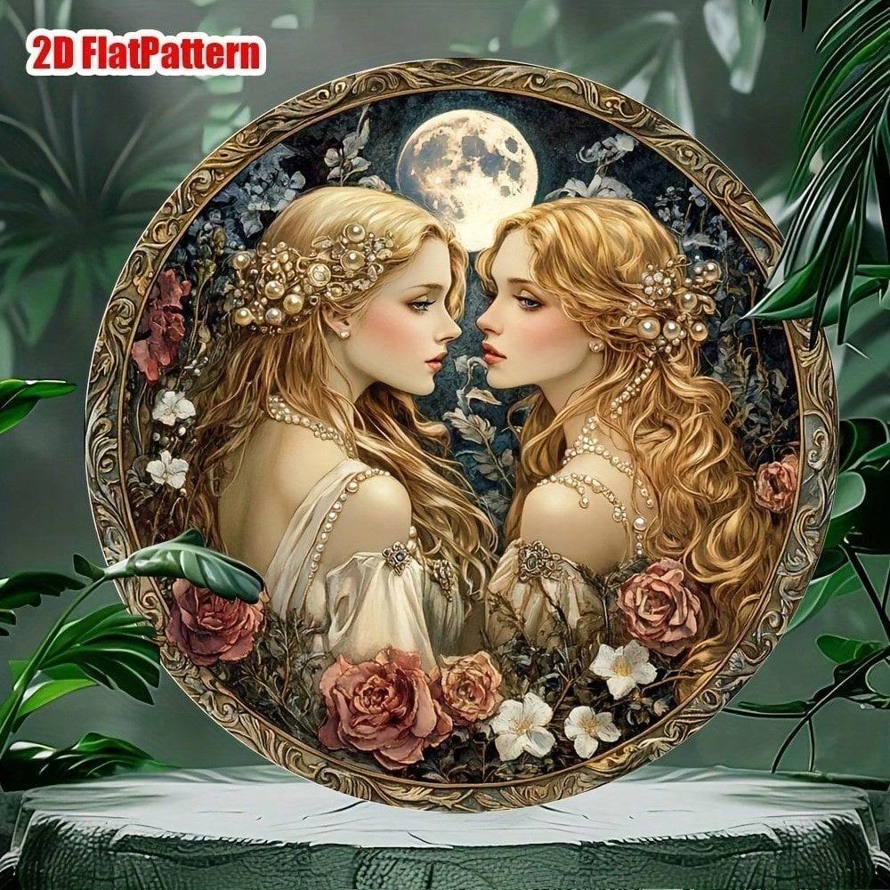Vintage Goddess of Inspiration Round Aluminum Wall Art 8x8 Inch Floral Celestial Metal Decor 2D Flat Hanging Medallion