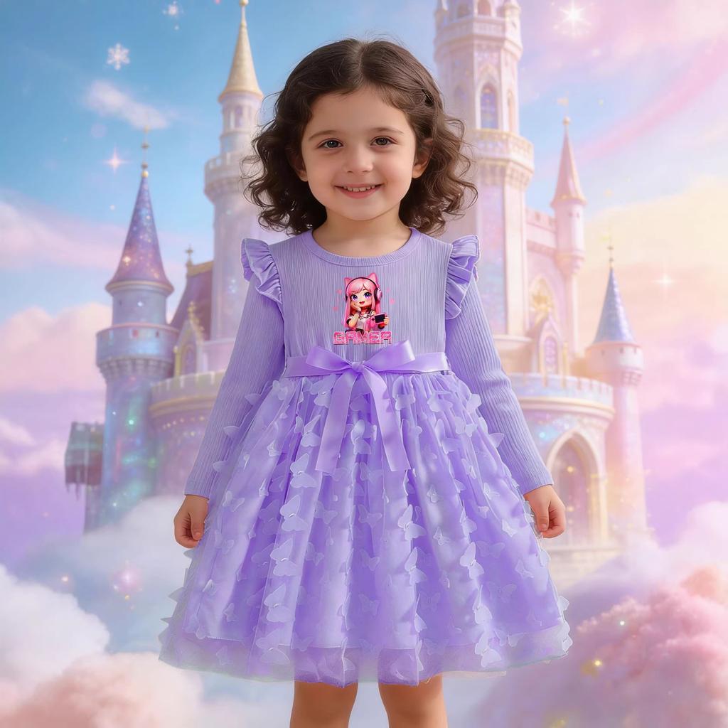Girl's Fashionable Purple Princess Net-sheath Dress, Children's Bow-shaped Princess Dress