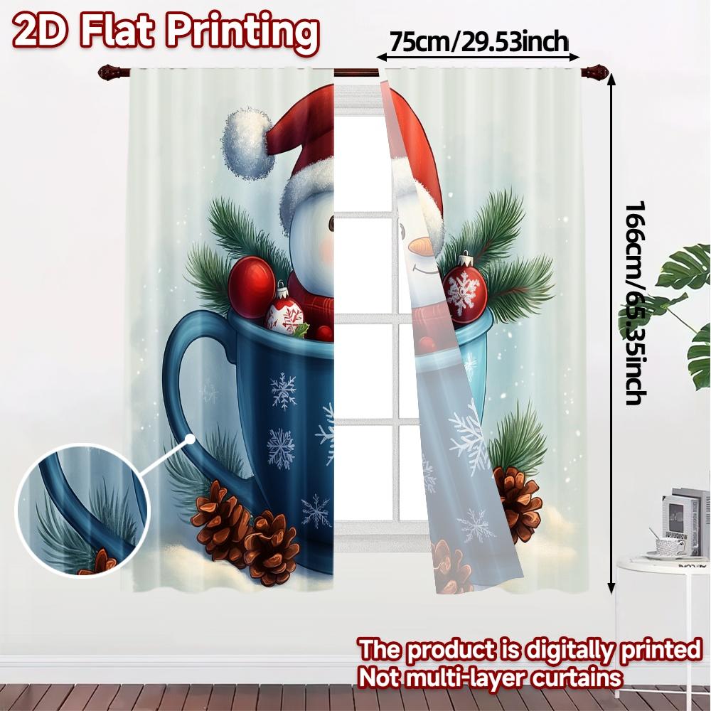 2pcs  Curtains Cute Snowman Coffee Mug Christmas Contemporary Popular Curtains Prints Light Filtering Curtains Thermal