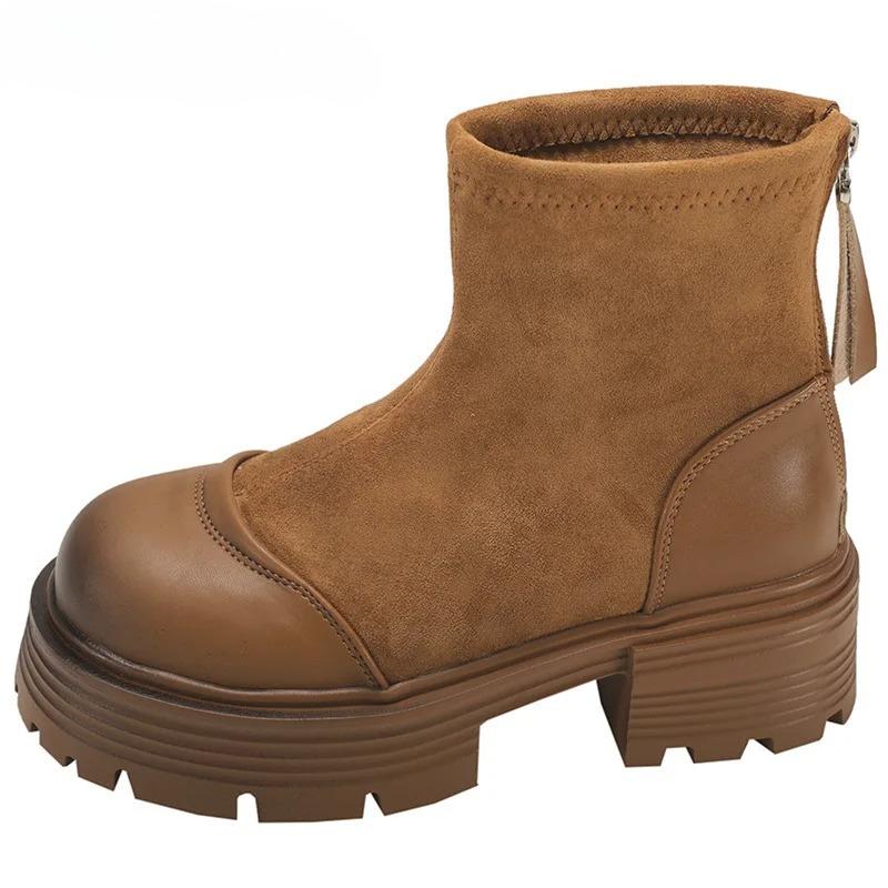Vintage Platform Thick Sole Woman Ankle Boots Design Back Zippers Shoes Autumn Winter Slim Height Increase Short Botas