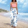 Women's Wide Leg Pants With Elastic Waistband Printing Large Pockets Patchwork Edge, Loose Pants