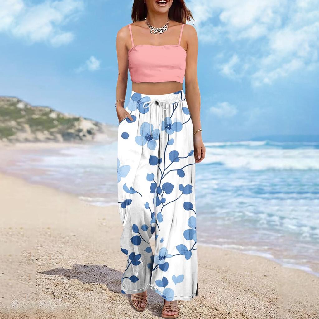 Women's Wide Leg Pants With Elastic Waistband Printing Large Pockets Patchwork Edge, Loose Pants