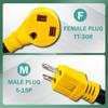 RV Power Adapter 12 Inch 30Amp Female To 15 Amp Male Pigtail RV Adapter 125V 1875W Heavy Duty 10 AWG Wire Size UL ETL Listed RV Generator Adapter For