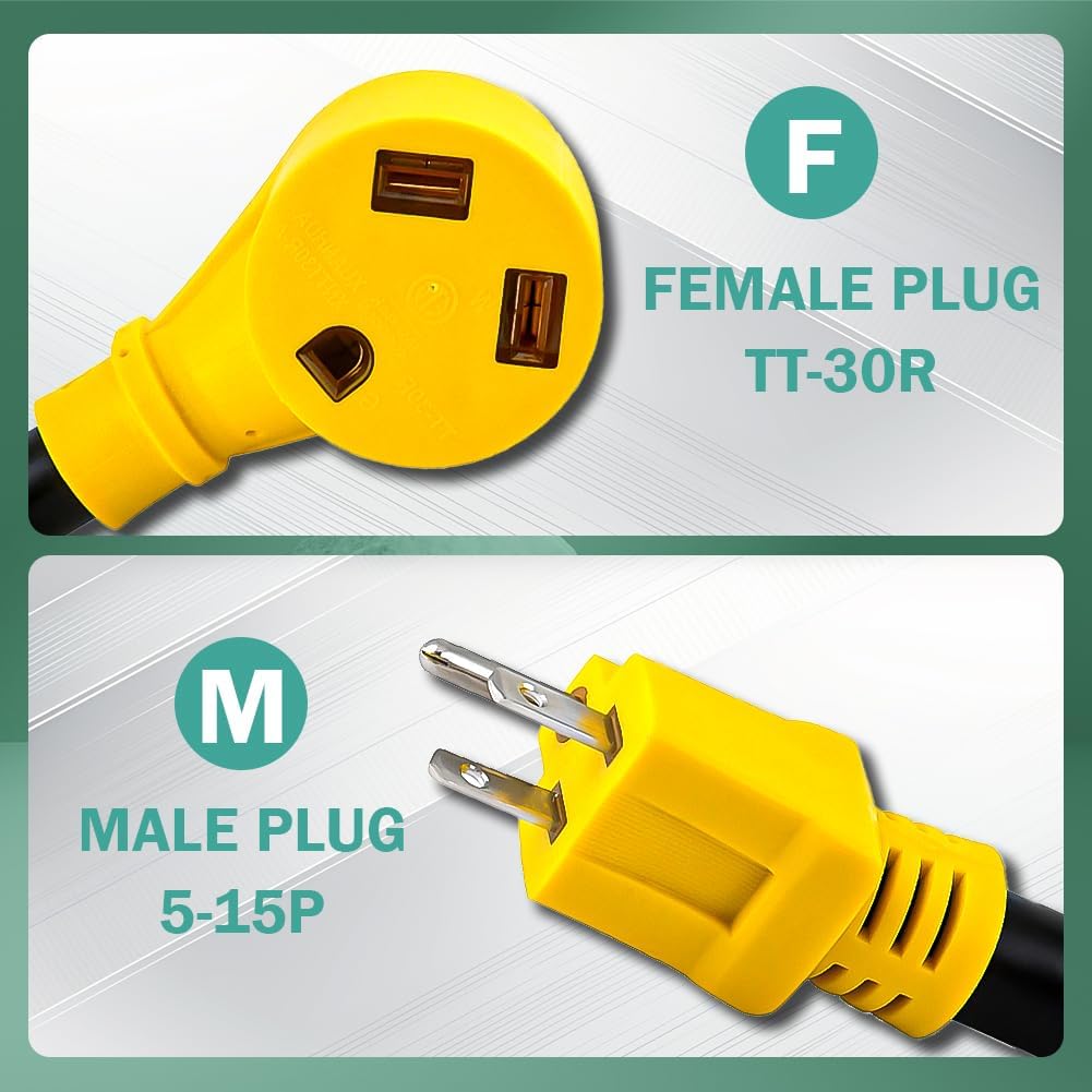 RV Power Adapter 12 Inch 30Amp Female To 15 Amp Male Pigtail RV Adapter 125V 1875W Heavy Duty 10 AWG Wire Size UL ETL Listed RV Generator Adapter For