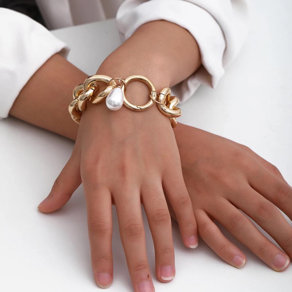 Goth Vintage Imitation Pearl Pendant Bracelet Women Hip Hop Heavy Metal Chunky Lock Chain Bangles Couple Friends Hand Jewelry