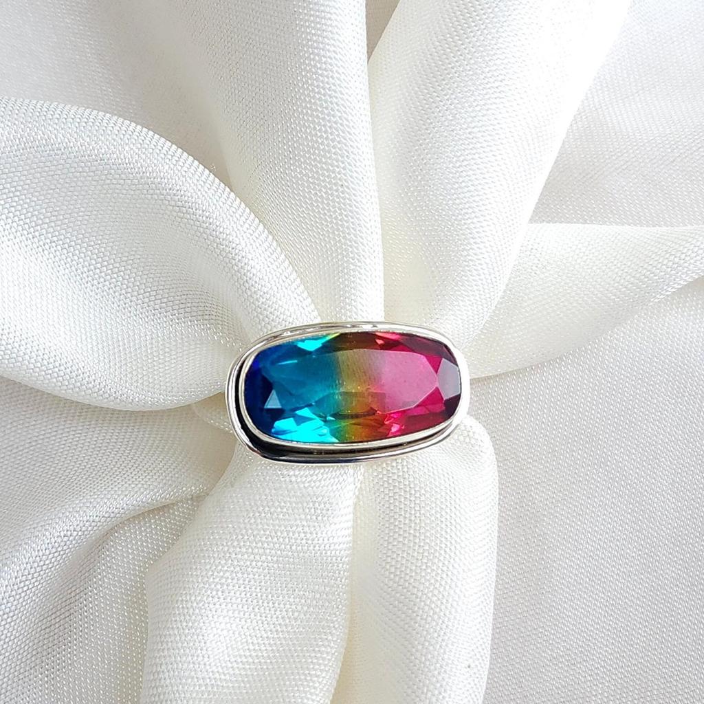 Horizontal Watermelon Tourmaline Quartz 925 Sterling Silver Ring Jewelry, Unique Handmade Ring