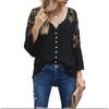 Lace Shirt Women's Shirts Vintage Solid Color V Sexy Splicing Buckle Horn Sleeve Blouses Top Women