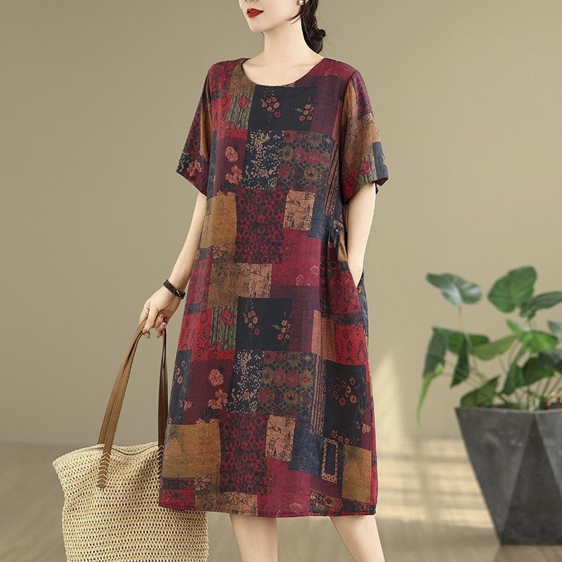 Crew neck short sleeve printed cotton and linen dress women's 2025 summer new women's clothing temperament mother medium and long A-shaped skirt