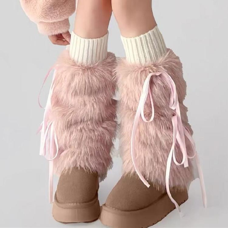 Soft Furry Plush Leg Covers For Women Stylish Bows Detail Fashion Leg Warmers Warmth Indoor Outdoor Versatility
