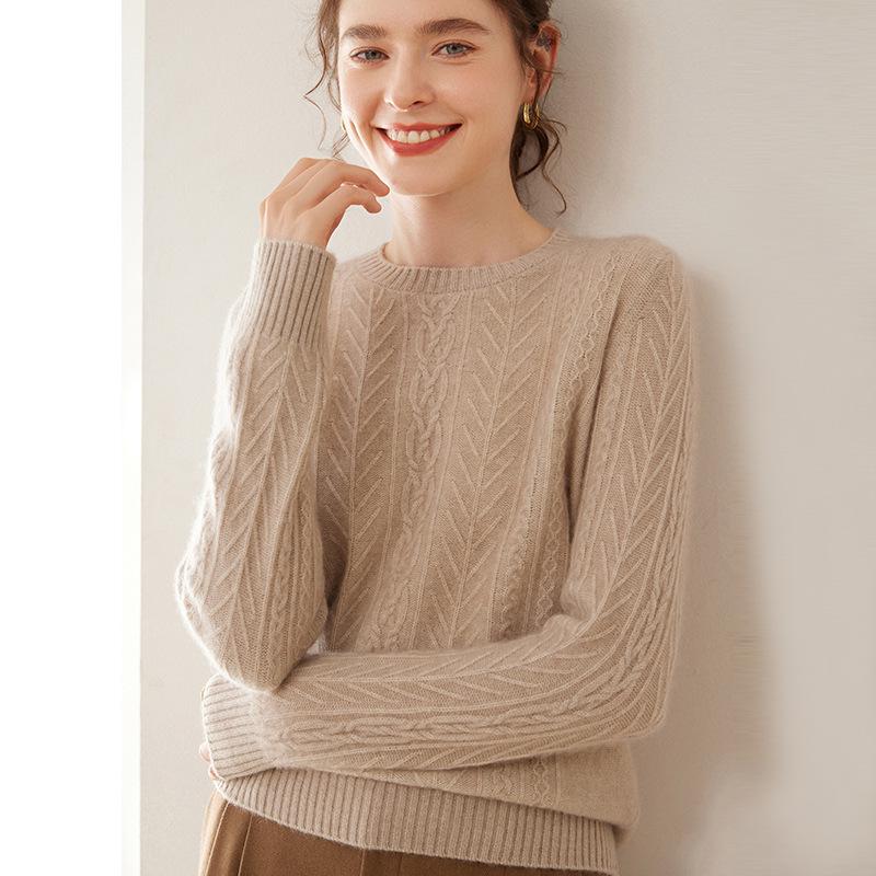 Women's Autumn/Winter Bamboo Leaf Twist Pattern Cashmere Knit Sweater - Round Neck, Loose Fit, Thick, Fashionable, Versatile