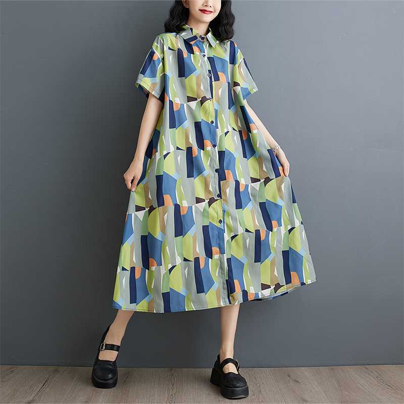 

Короткий рукав свободного покроя плюс размер модный принт утягивающее платье средней длины One Size зелёный