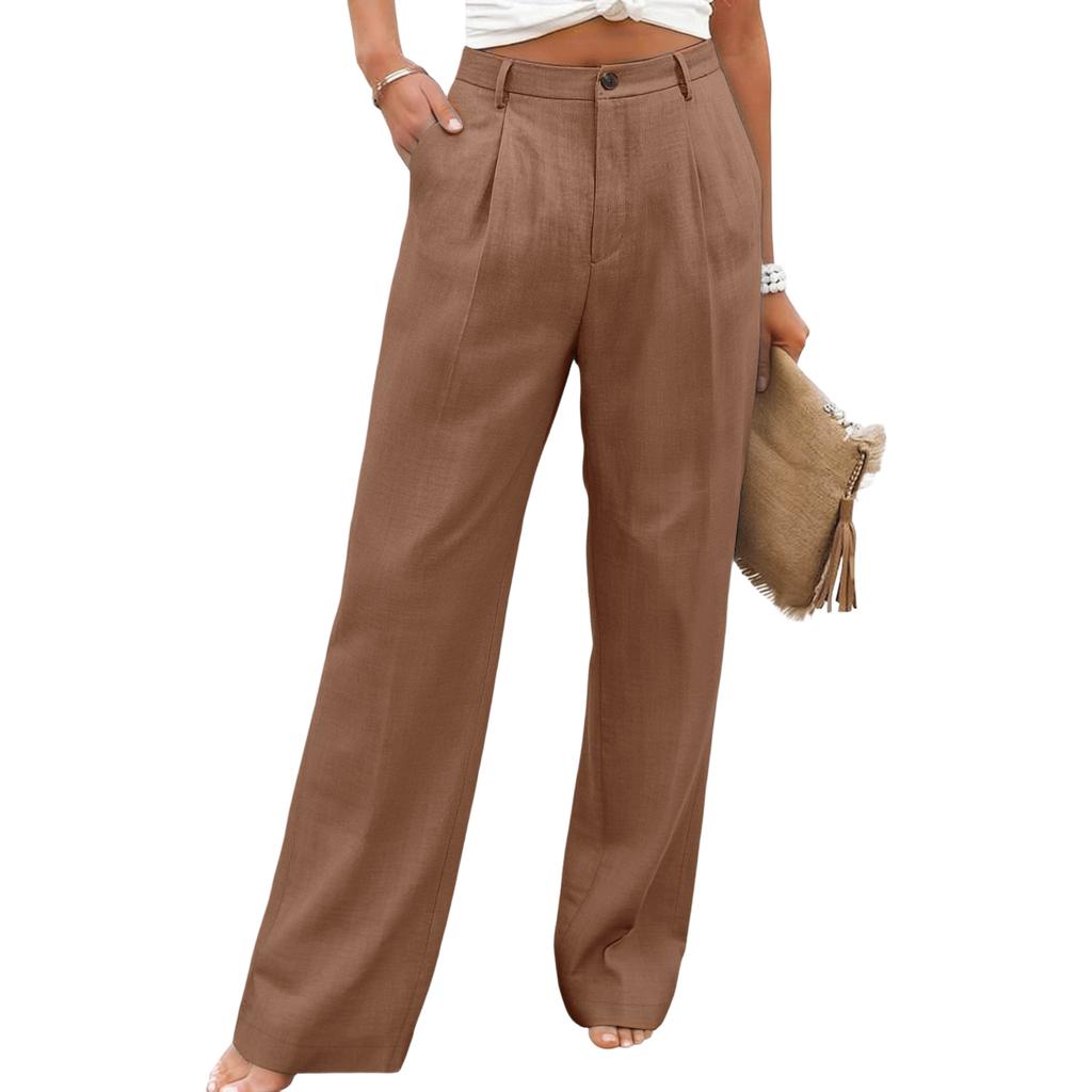 Women High Waist Wide Leg Trousers Linen Straight Casual Pants with Pockets Front Pleat Design