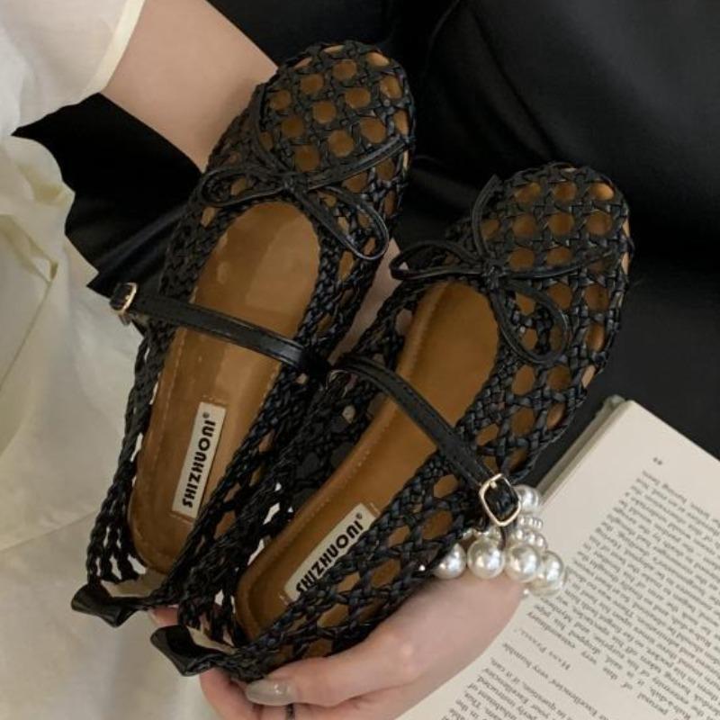 

Fashion High Quality Handmade Woven Mesh Flat Mary Jane Shoes Women Retro Shallow Bow Designer Shoes Comfortable Non-slip Casual Shoes 35 чорний