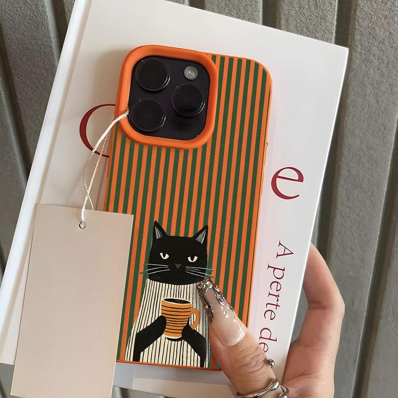 Funny Coffee Cat Pattern Lychee Phone Case For iPhone 18 17 16 15 14 13 Pro Max 15 14 Plus 17 18 Pro Air XS XR Shockproof Cover
