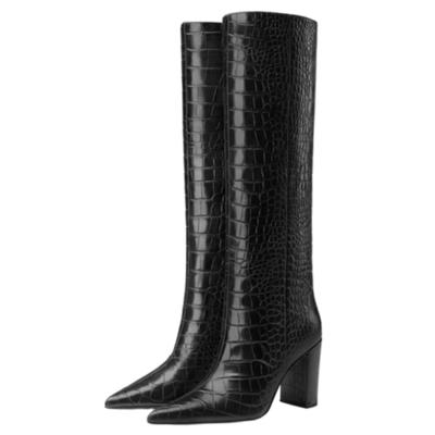 Fashion Knee High Boots Women Snake Leather Sexy Point Winter Tall Long Party Shoes Female Trends Black Cowboy Cowgirls Boot