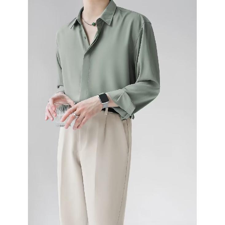 Podzimní světlý vyzrálý styl kubánský límec líná košile s dlouhým rukávem pánská volná košile 2024