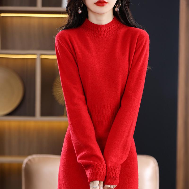 Women's Pure Wool High-Neck Midi Knit Dress - Thickened Slimming Base Layer for Autumn/Winter