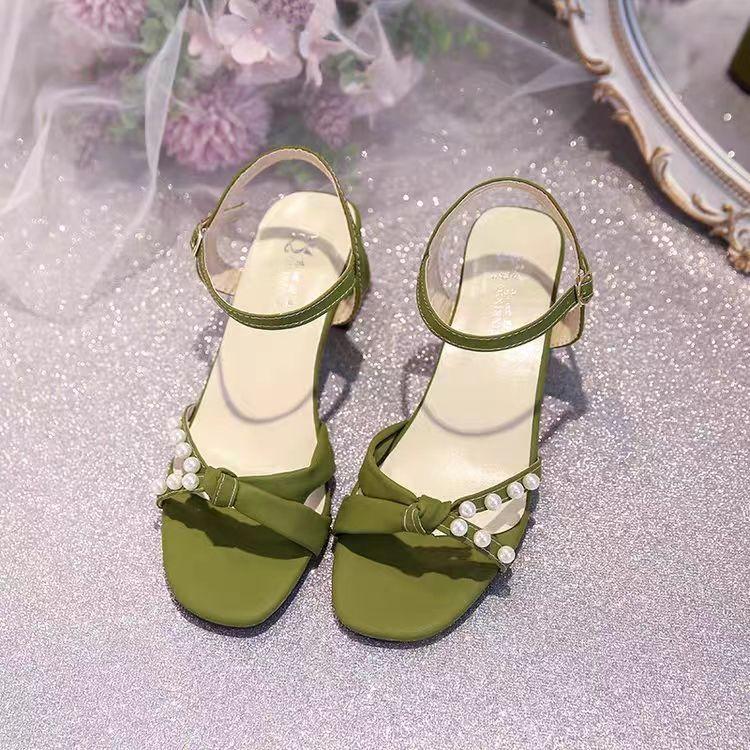 

Fashion Women s Sandals Open Toe Block Heel Green Pearl Ladies Shoes Anti Slip Hot Chic and Elegant Sandal Casual New Breathable Fashion 35