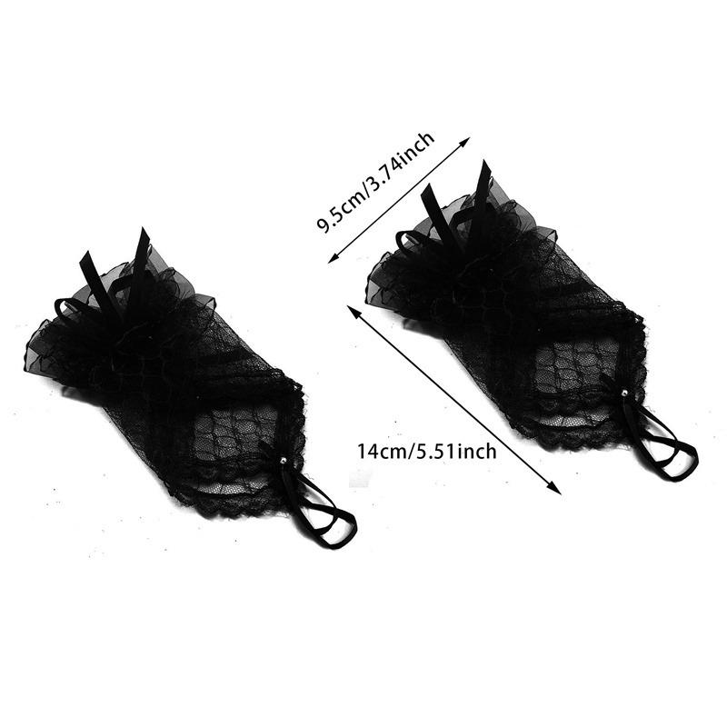 Kurze Spitzenhandschuhe für Damen Braut Hochzeit Lolita-Stil Netz Ärmel mit handgefertigter Schleife und Haken Finger geklebt